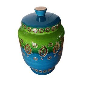 Vintage Rosenthal Netter Italian Ceramic Jar With Lid  Green & Blue  Handpainted